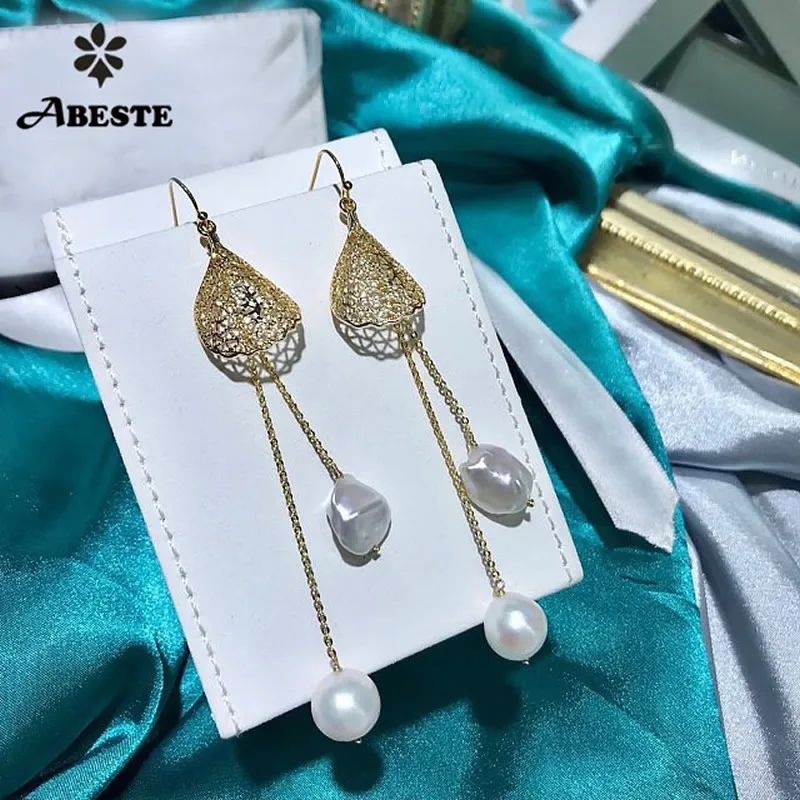 

ANI 14k Roll Yellow Gold Women Pearl Dangle Earring Natural Freshwater Baroque Shape Pearl Drop Earrings Fine Handmade Jewelry
