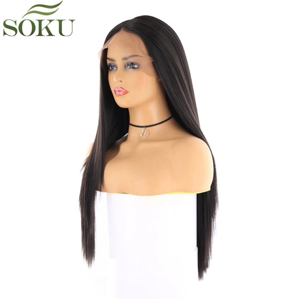 SOKU синтетические парики на кружеве для черных женщин прямые средняя часть парик шнурка высокая температура волокна шнурка волос парик