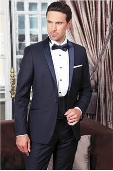 

Navy One Button 3 Pieces Mens Suits Peak Lapel Wedding Suits for Men Groom Tuxedos Business Formal Suit (Jacket+Pants+vest+tie)