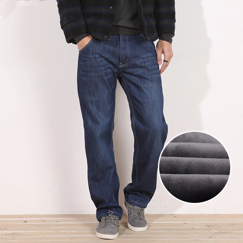 

winter Thermal Warm Men Fleece Casual Straight Jeans Stretch thick Denim Flannel soft Pants Trousers plus Size 28-48