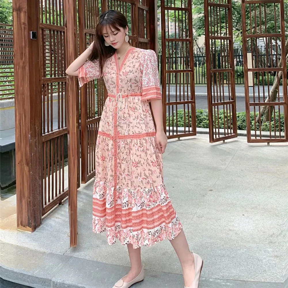 

Women Summer 2019 Clothes Candy Pink Midi Dress Floral Printed Vintage Loose Dresses Boho Beach Hippie Retro Chic Long Dress