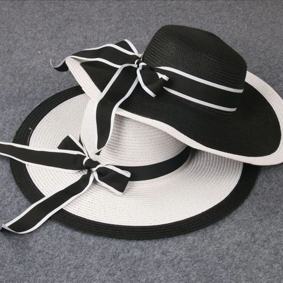 

Summer New Black White Stripe Bow Baby Girls Straw Hat Sun Visor Beach Hats
