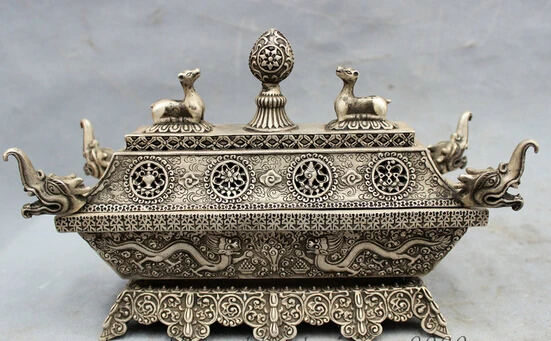 

xd 002731 11" Tibet Silve 8 Auspicious Symbol Statue Dragon Head Incense Burner Censer
