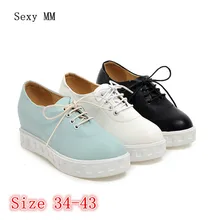 Женская обувь на танкетке со шнуровкой; лоферы, увеличивающие рост; женская повседневная обувь на плоской платформе; Туфли на танкетке; большие размеры 34-40, 41, 42, 43