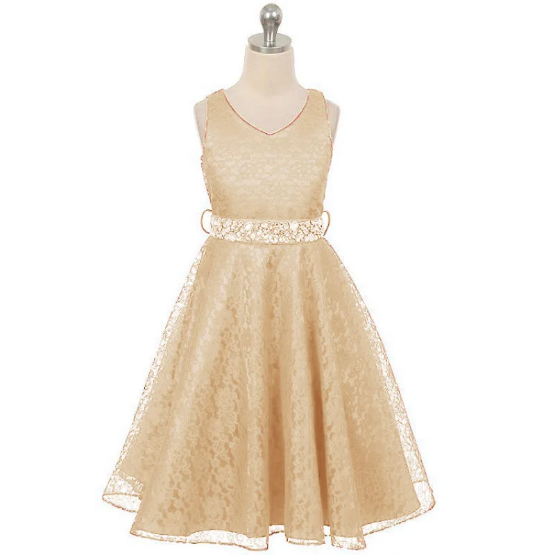 

Hot Selling children lace sleeveless V neck Princess evening dress, baby girl diamond belt can be independent, kids party dress