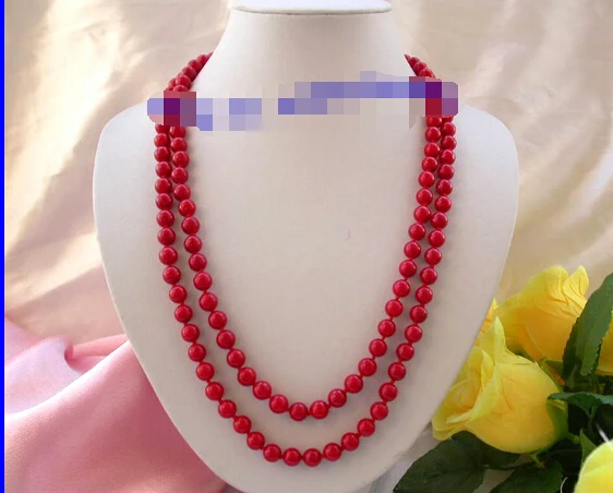 

vogue popular long 50" 8mm round crude red coral necklace