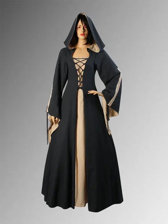 Black Hooded Medieval Gown Renaissance Maiden Dress Costume Fancy Dress 