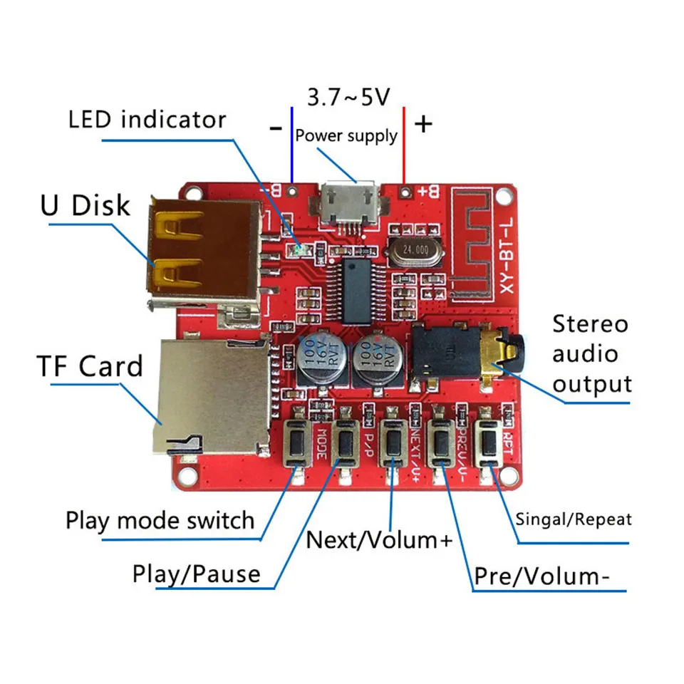 YKSO 3.7-5V Wireless Bluetooth MP3 Decoder Board MP3 Players Accessories Micro USB TF Card Interface MP3 Decoder (4)