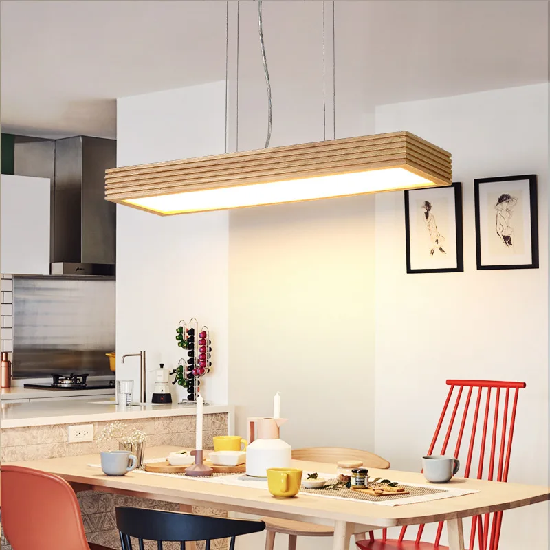  LukLoy Nordic Modern Minimalist Solid Wood Pendant Light LED Strip Bar Lamp Rectangular Office Rest - 32904447620
