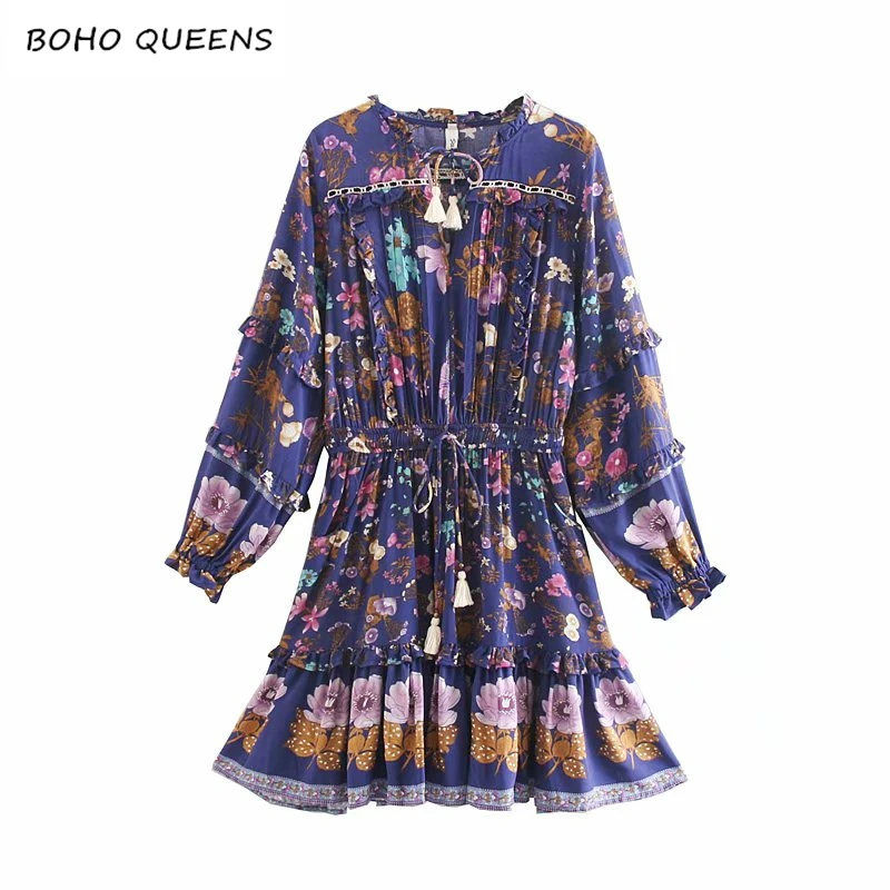 

Vintage chic women floral print long sleeve tassel ruffles beach Bohemian mini dresses Ladies loose rayon Boho dress