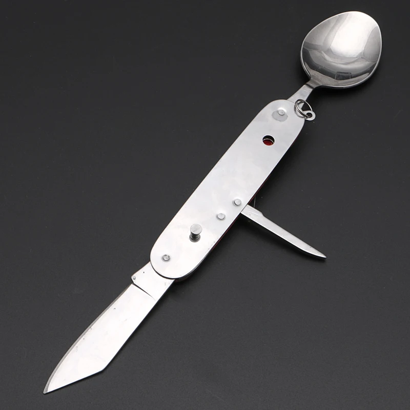 Camping al aire libre de 3 en 1 plegable de acero inoxidable cuchara tenedor cuchillo vajilla Multi herramienta para acampar