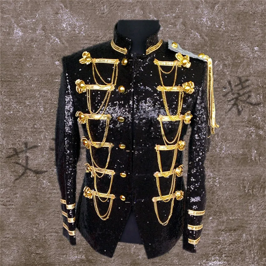Mens Sequins Gold Bling Suit Blazer Military Bar Coat Jacket Dress