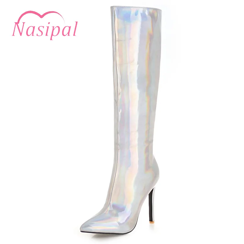 

Nasipal Knee High Boots Gold Silver Patent Leather Stilettos Boots Sexy Brand Shoes Woman Sexy Pointed Toe Women's Shoes M735