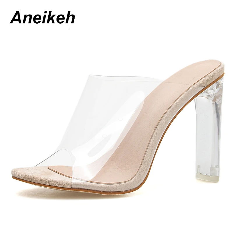 Aneikeh/ г. весенне-осенние модные однотонные прозрачные туфли-лодочки из PU искусственной кожи, женские туфли на высоком квадратном каблуке с открытым носком, повседневная обувь, Размеры 35-42 - Цвет: Apricot