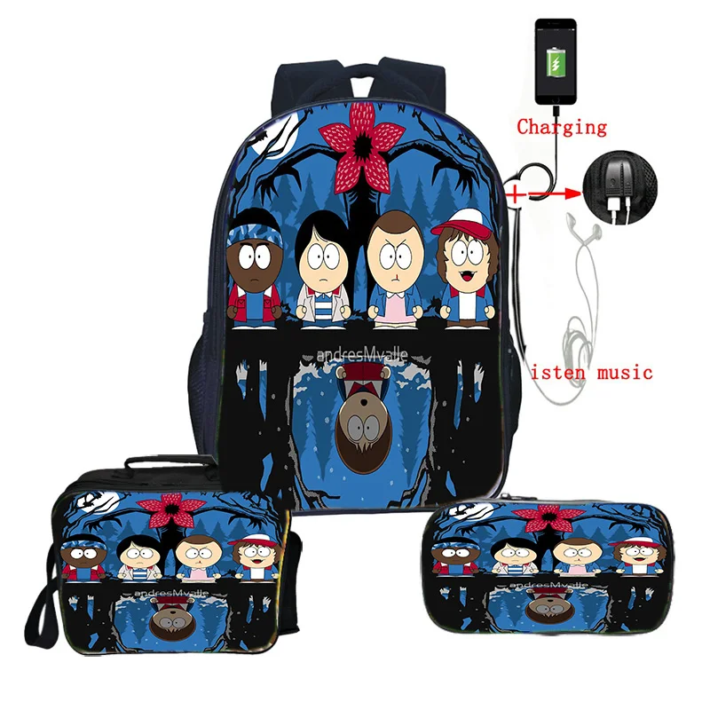 Странные вещи, 3 рюкзака для студентов, мальчиков и девочек, школьный рюкзак для подростков, USB зарядка, рюкзак для ноутбука, 3 шт./компл., рюкзак+ сумка для ланча+ пенал - Цвет: 8