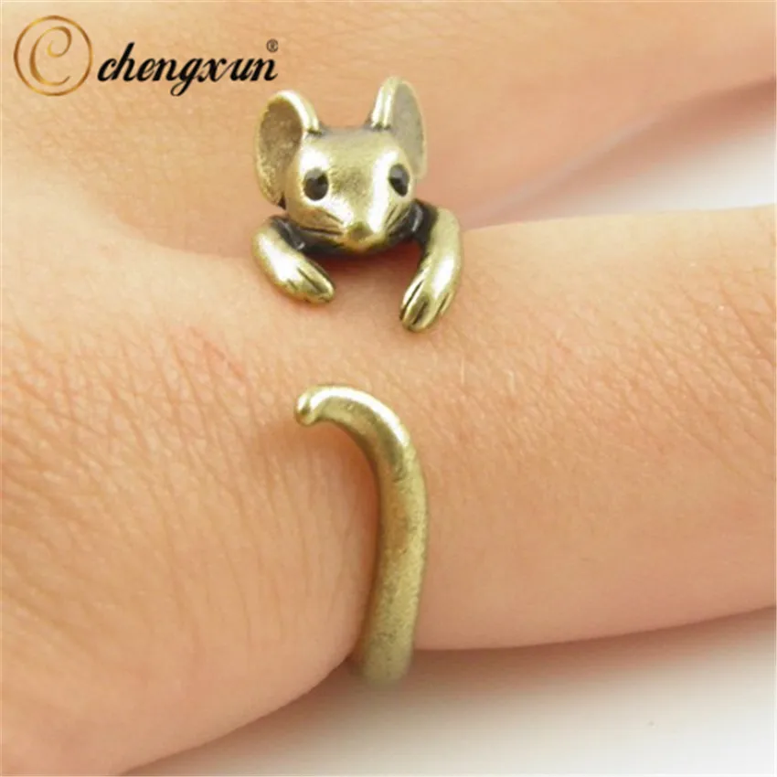 CHENGXUN Boho Chic Vintage Brass Knuckle Adjustable Mouse Animal Wrap  Weeding Ring Ladies Fashion Jewelry