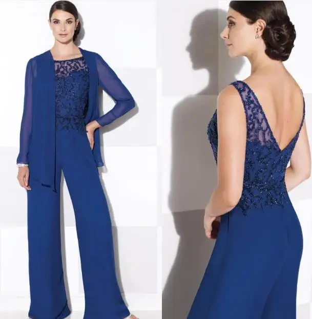 Elegante Azul Elegante Madre La Novia Juegos de Bragas Para Bodas Trajes de Pantalón de Gasa Lentejuelas Beach Desgaste de la Tarde|mothers mother|mother bluemother of bride suits - AliExpress