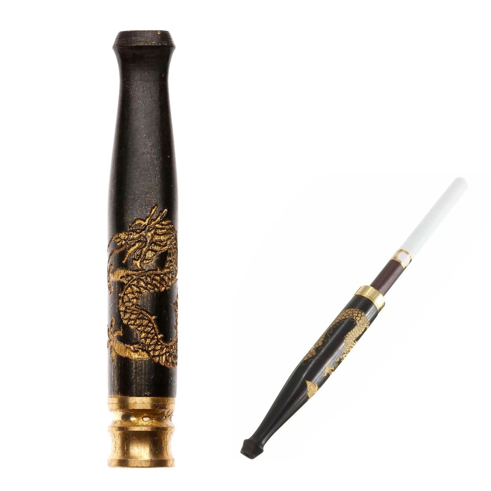 

1Pc Handmade Ebony Carving Dragon Smoke Smoking Pipe Bit Straight Filter Wooden Tobacco Filter Cigarette Holder