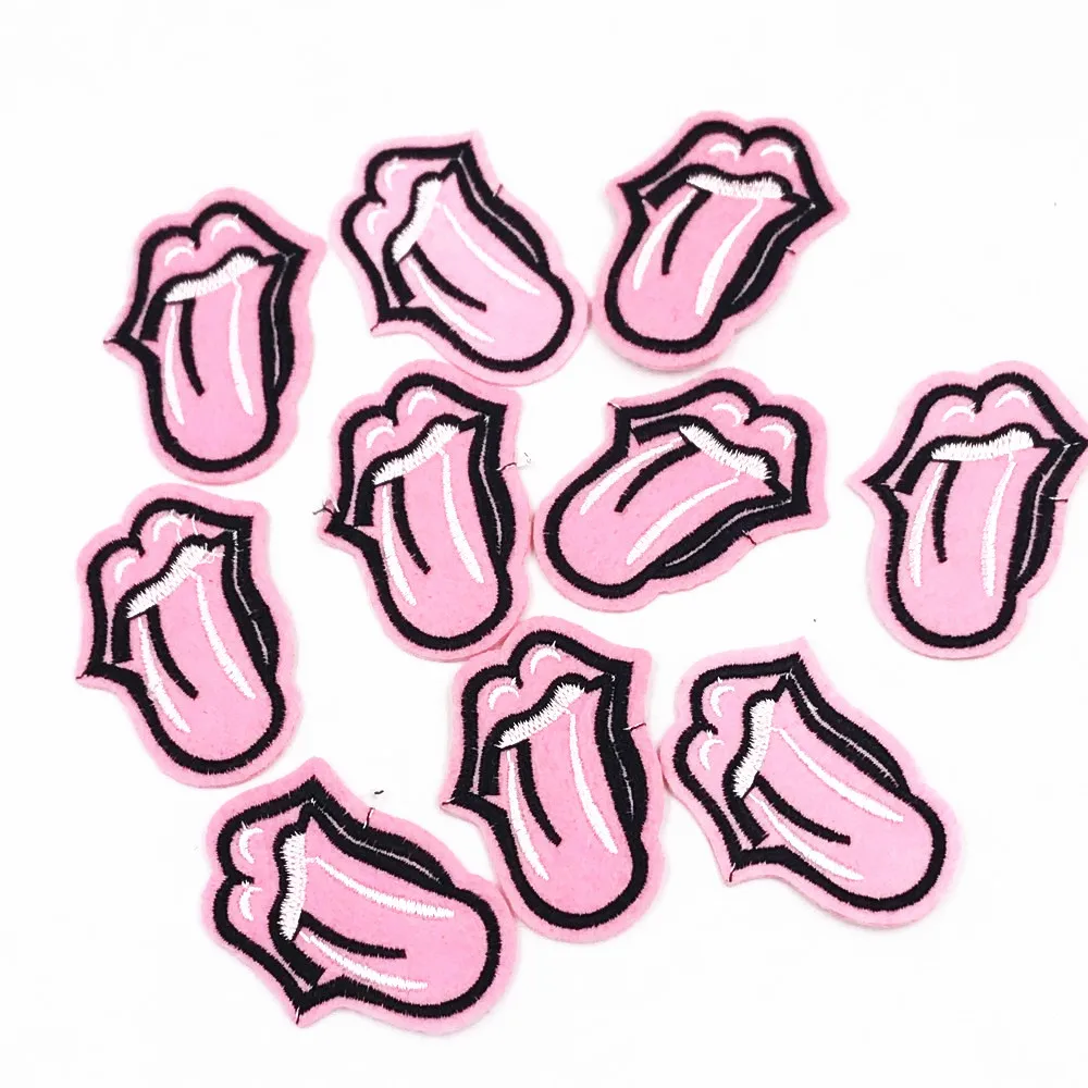 

Wholesale 10pcs Pink tongue Cloth Badges Stickers Iron on Embroidered Decoration Patch Backpack parches bordados para ropa