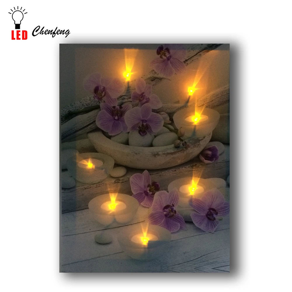 

Led wall picture tealight candles with orchids flower canvas art light up painting artwork printed frame battery open decoor