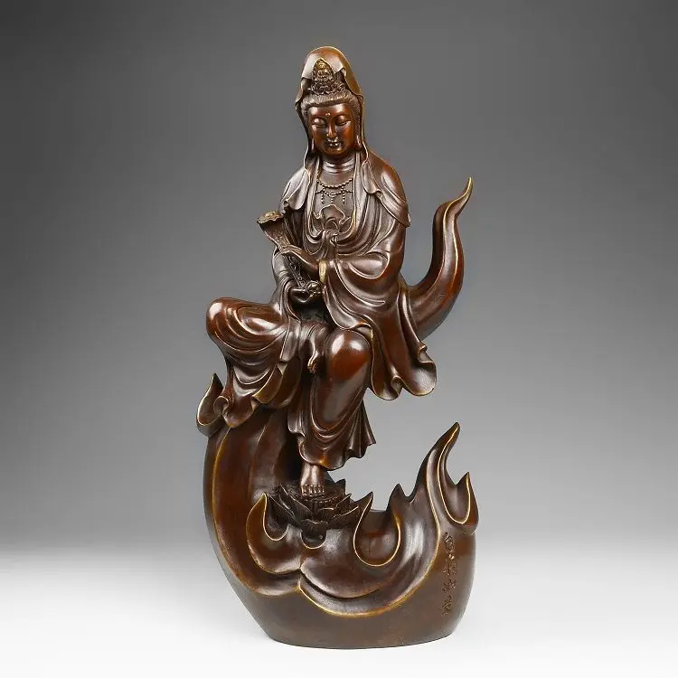 

SD China Tibet Kwan-yin Guanyin Sit On Wave Buddha Bronze Statue Hold Ruyi