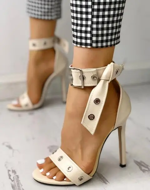 

Carpaton Single Strap Eyelet Buckle Knot Thin Heeled Sandals Open Toe Ankle Strap Woman Shoes Sexy Cutouts Gladiator Sandals