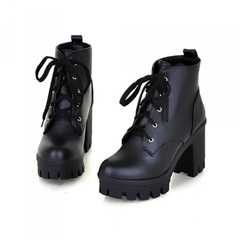 

New Style Lace Up Women Ankle Western Boots Fashion Square Heel Platform Martin Shoes Thick Heel Pu Winter Short Boots Plus Size