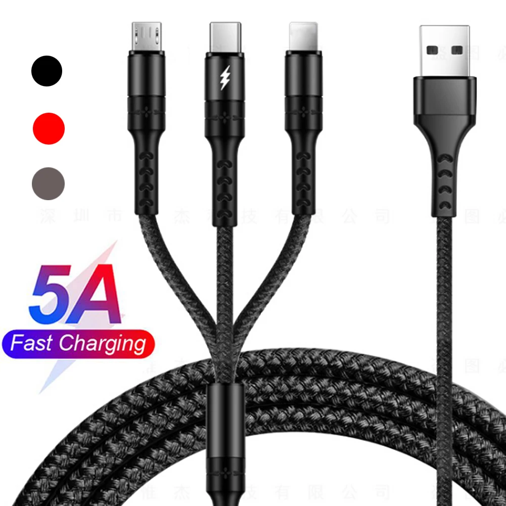 

For Huawei P30 Pro iPhone 7 Plus 5A Type C Charging Cable 3 In 1 USB 3A Nokia Super Fast Charging Cables Nylon Cord Universal