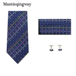 Mantieqingway плед и цветочный узор 8,5 см галстуки Corbatas запонки Pocket Square Set Темно-синий запонки Hanky кравать комплекты