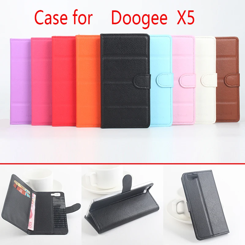 

For Doogee X5 Phone Case Folio Flip Pure Color Lichee Pattern PU Leather Wallet Case Cover Cash/Card Slots sanheng