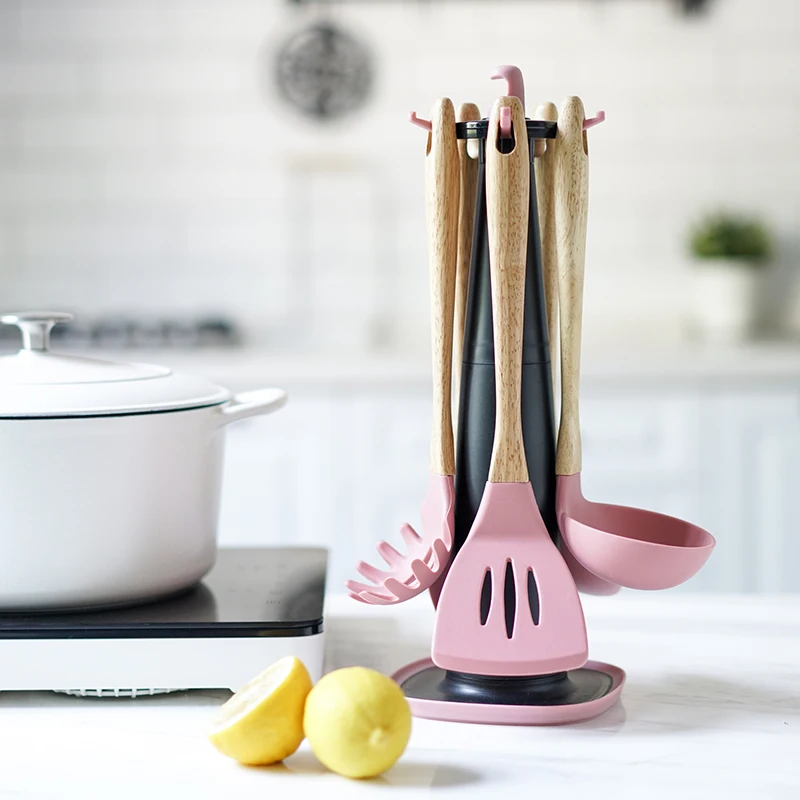 5Pcs/set Silicone Turner Soup Ladle Spoon Spatula Scraper Pasta Server Rotating Holder Cooking Utensils Cookware Baking Tools