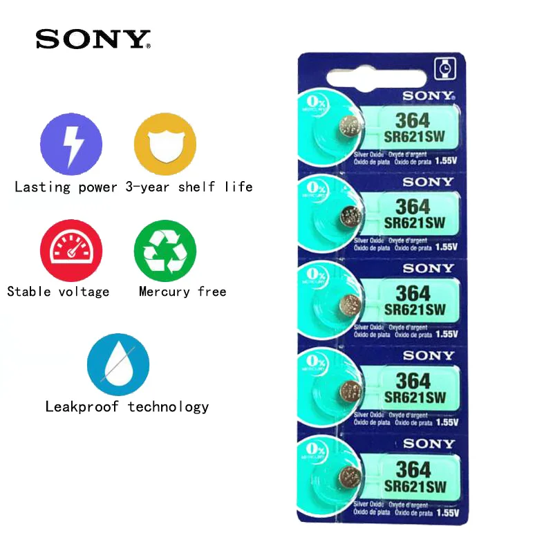

5pcs/lot Sony 364 100% Original 1.55V Silver Oxide Watch Battery 364 SR621SW V364 SR60 SR621 AG1 Button Coin Cell MADE IN JAPAN