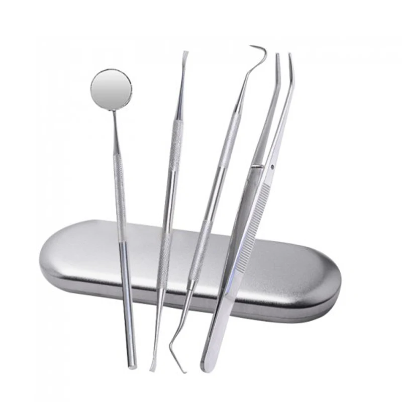 

4PCS/Set Stainless Steel Professional Grade Dentist Tool Kit Dentist Teeth Kit Anti-fog Mirror Dental Scaler Scraper Tweezer