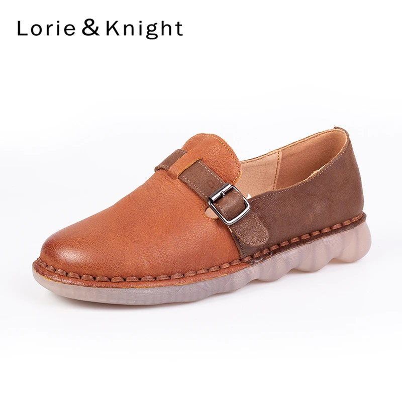 Retro Buckle Strap Patchwork Genuine Leather Slip-on Loafers for Female