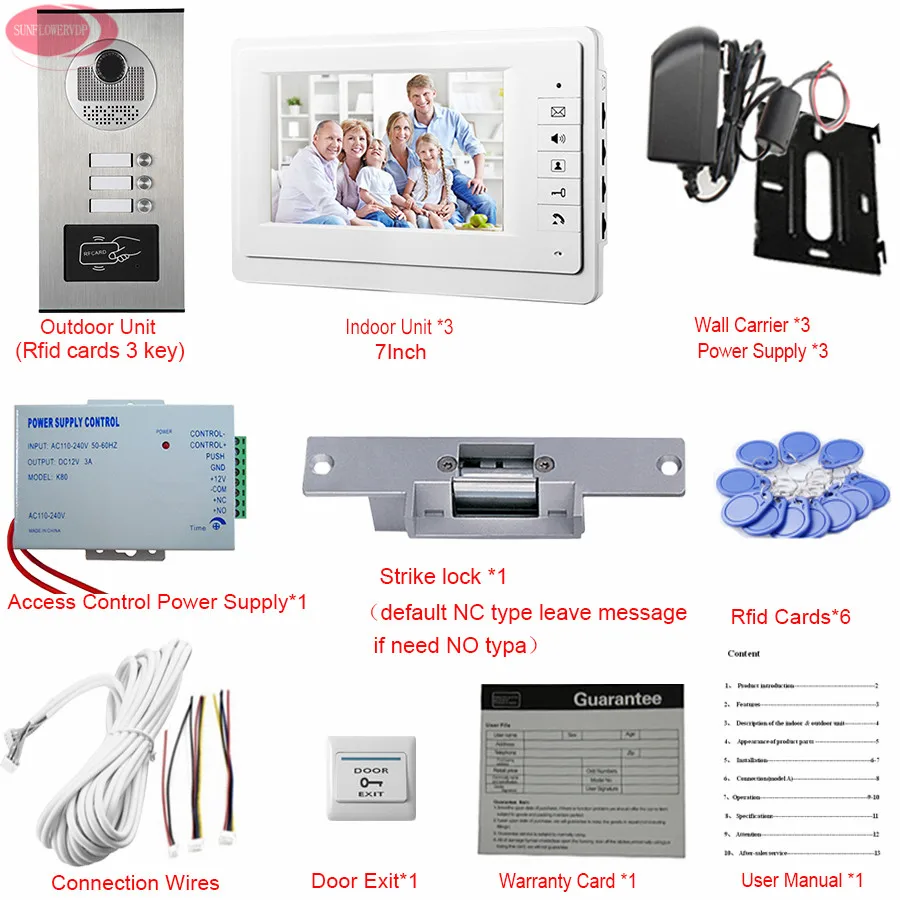 Для 3 квартиры видео дверной звонок Домофон 3 кнопки Rfid IR камера домашний Видео дверной телефон 7 дюймов + Strike Электрический замок