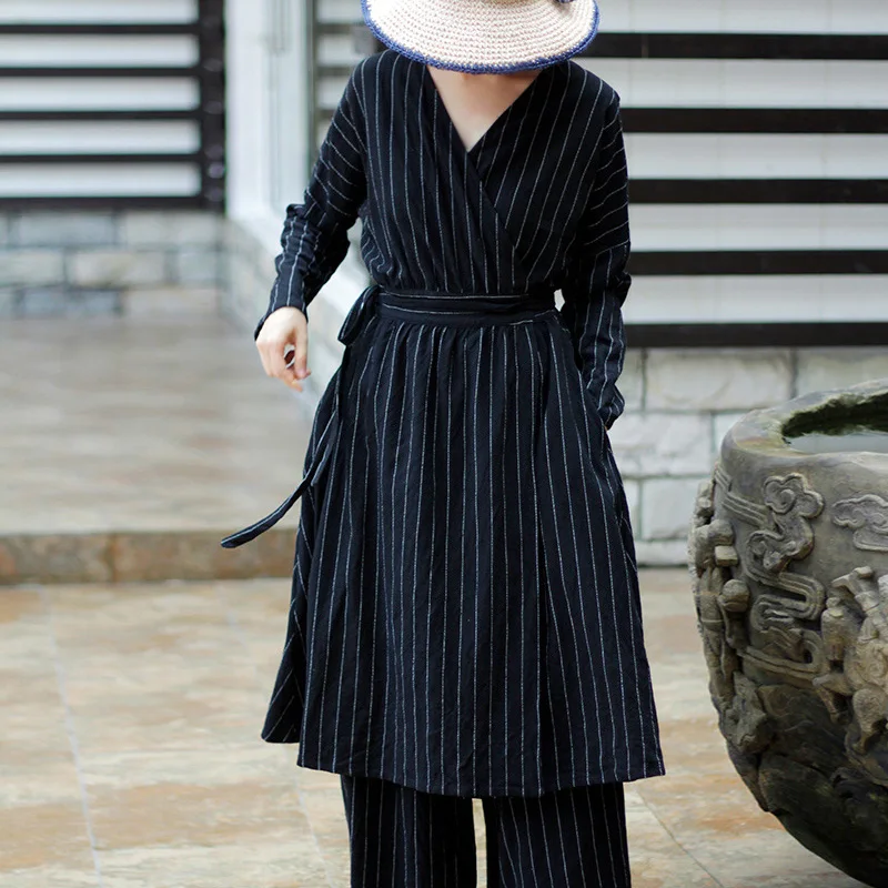 

Johnature Women Striped Bandage Dresses V-Neck Long Sleeve 2019 Autumn New Cotton Linen A-Line Vintage Women Cloths Dresses