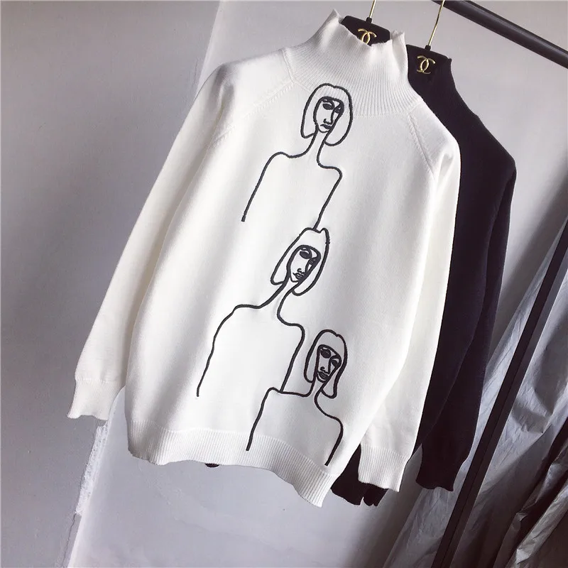 Зимняя Женская водолазка белый вязаный свитер Абстрактная фигура вышивка свободный черный корейский стиль винтажный свитер