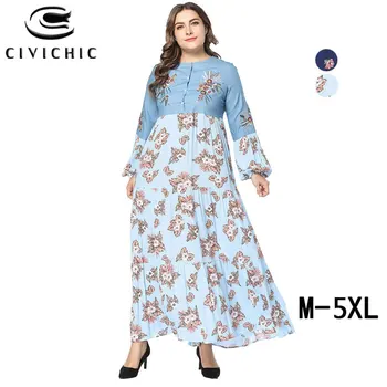 

CIVI CHIC Spring Summer Autumn Denim Stitch Maxi Dress Women Swing Gown Ethnic Floral Print Long Vestidos Embroidery Robe DRS350