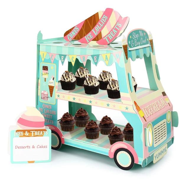 16 in Blue Pink 3 Tier Cardboard Ice Cream Truck Cupcake Dessert Stand