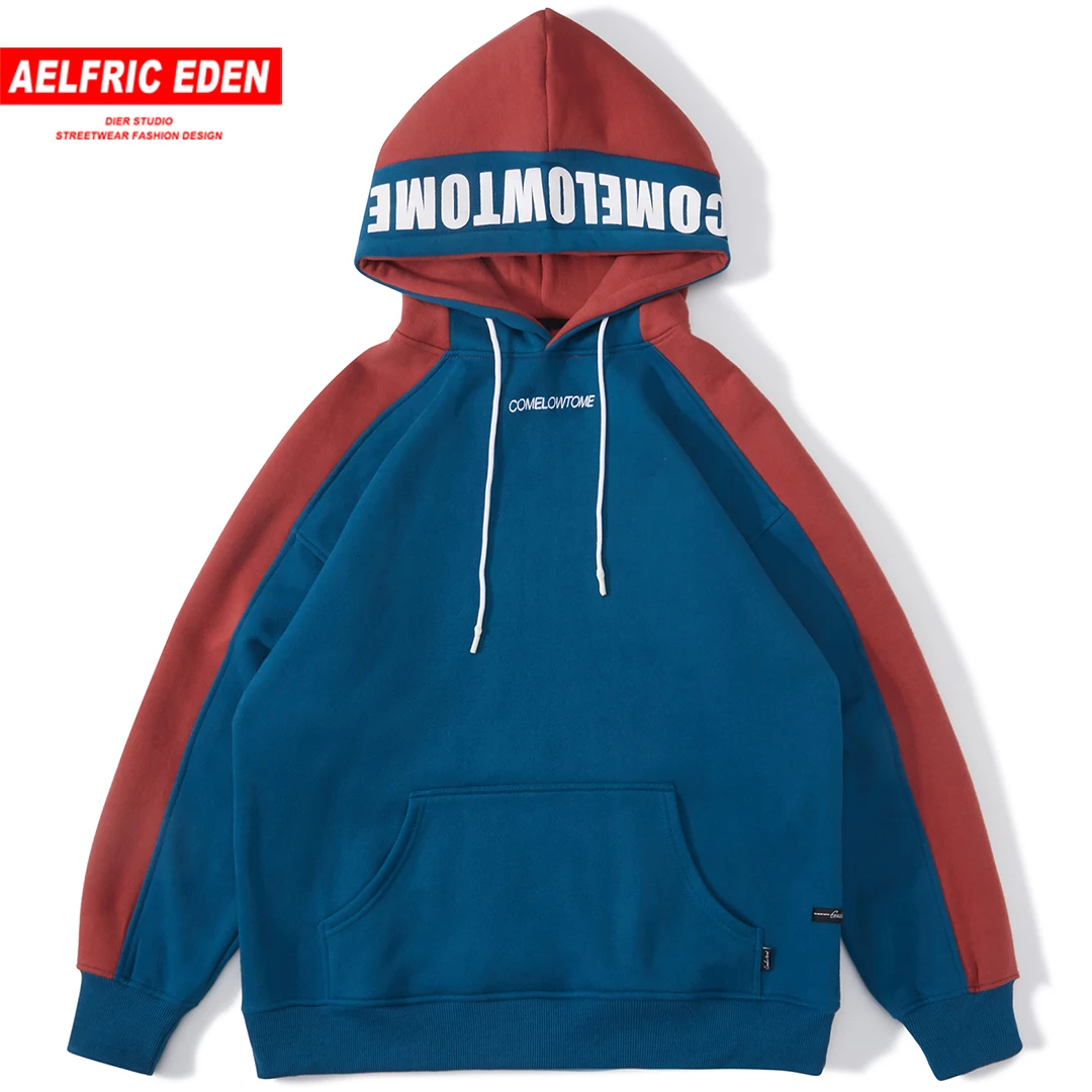 

AELFRIC Fleece Hoodie Men Winter Warm Pullover Couple Casual Streetwear Letter Color Patchwork Hip Hop Hoodies Sweatshirts KJ299