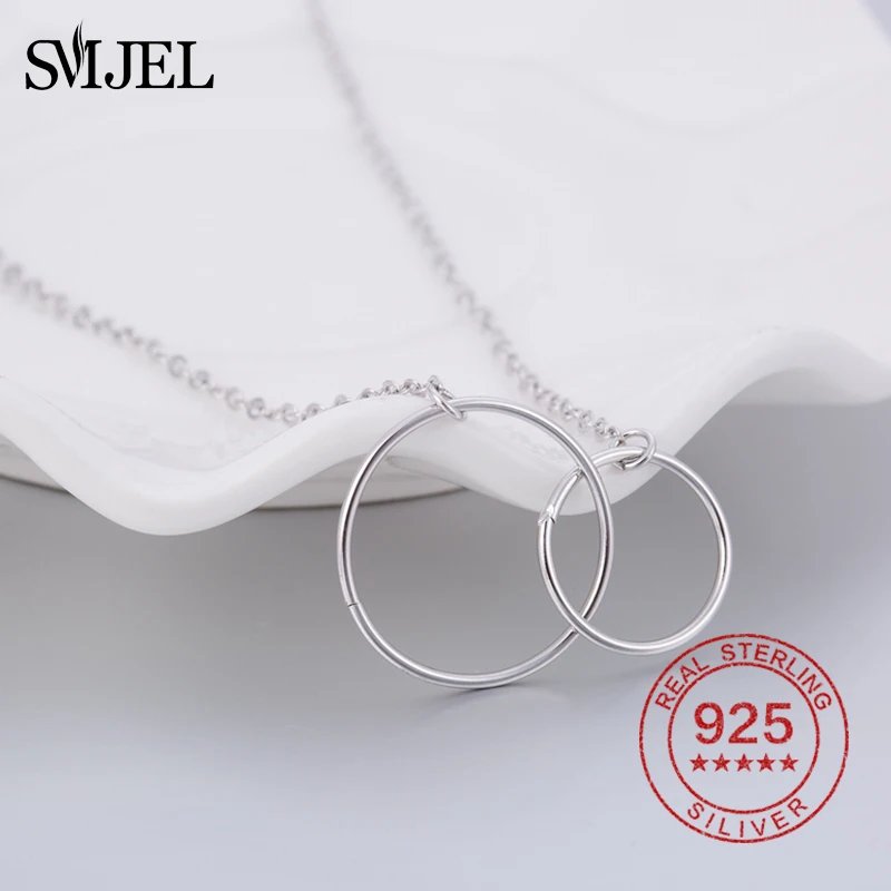 SMJEL 925 стерлингового серебра двойные круги округлое ожерелье-чокер для женщин Блокировка круг ожерелье Эффектное свадебное ожерелье