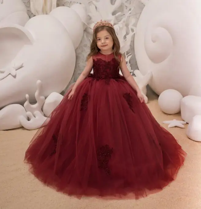 

Customized Beading Appliques Embroidery Ball Gown Strapless Red Long Flower Girl Dresses First Communion Dresses For Girls