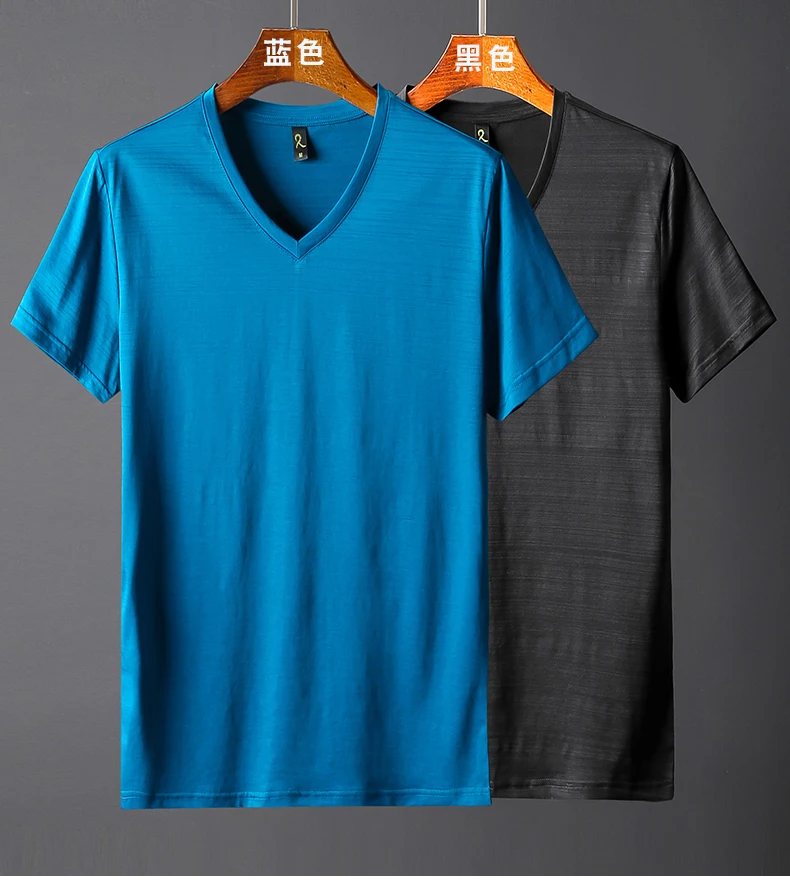2018 Summer Mercerized Cotton Men's T-Shirt Short Sleeve Plain Black Clothes V-Neck Slim Fit Silk Cotton Cool Tee Icy Silk Trend (11)