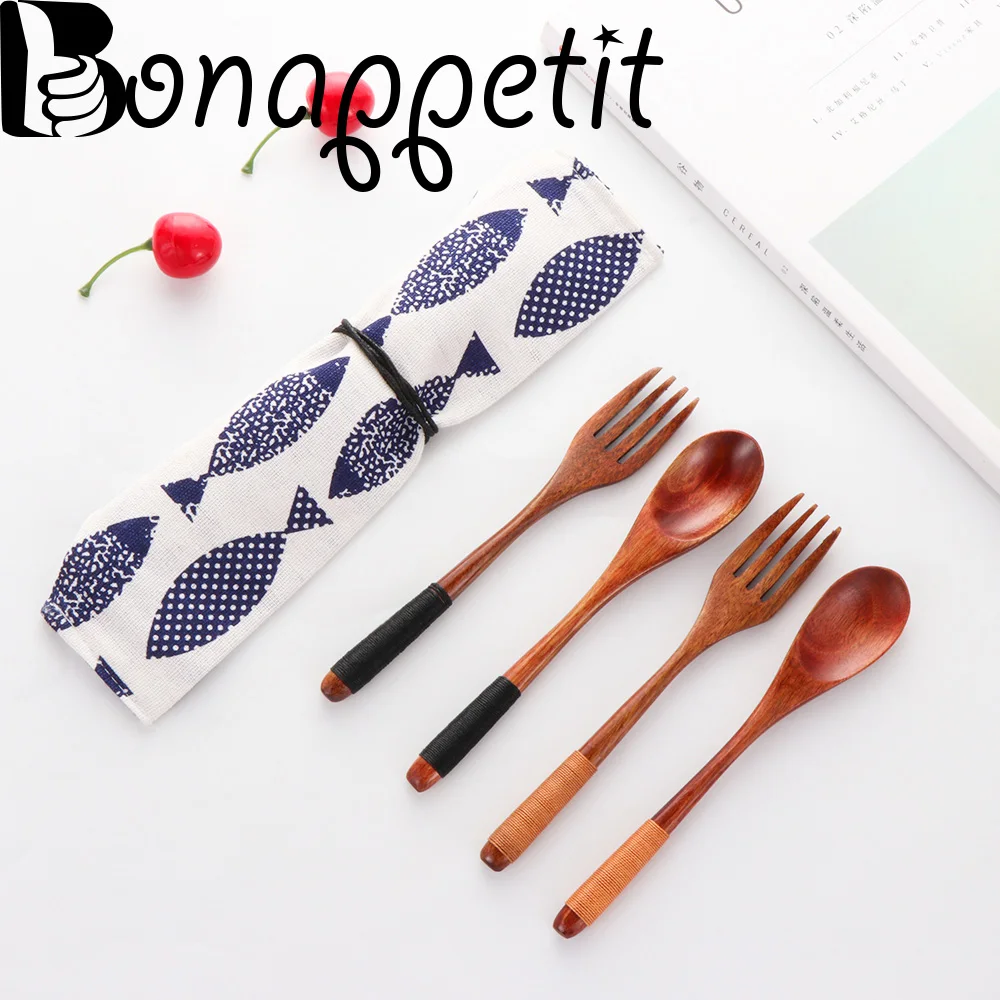 

Japanese Style Spoon Fork Handmade Wooden Cutlery Sets Cloth Bag Pack Tea Scoops Desserts Fruits Travel Kitchen Dinnerware Suit