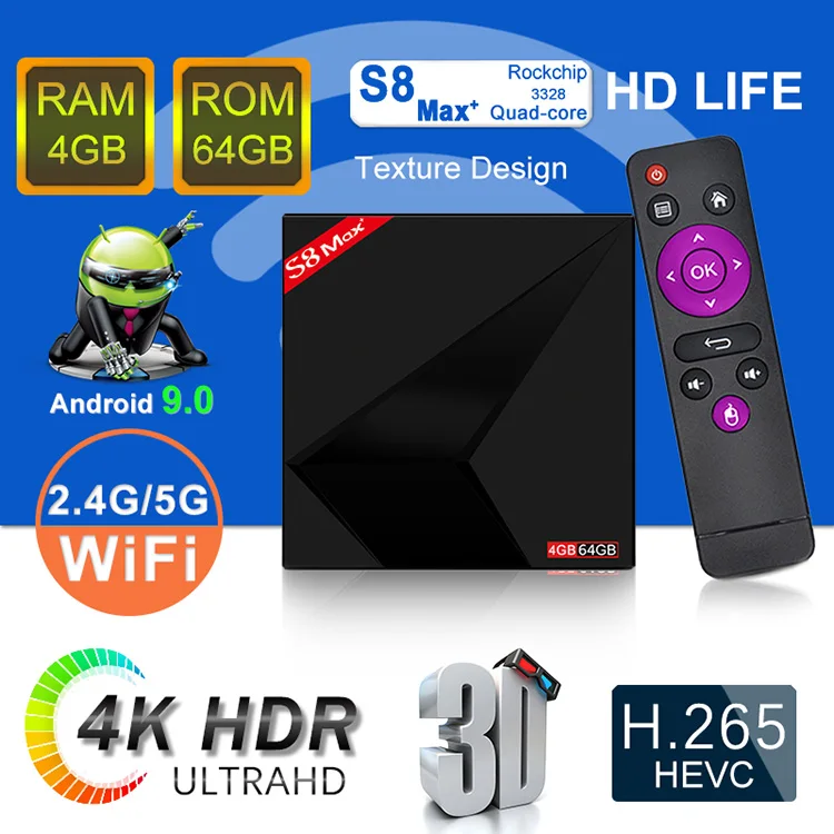 Французский IPTV box S8 MAX PLUS Смарт ТВ приставка android 9,1 4 GB 64 GB с двумя камерами, процессор Rockchip 3328 испанско-португальский Пособия по немецкому языку WiFi медиаплеер BT 4,1