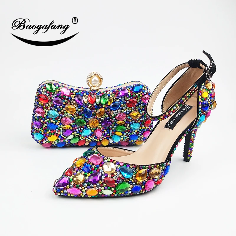 Women wedding shoes with matching bags Multicolored Crystal High heels platform shoes Ladies Paty Dress shoes women Pumps