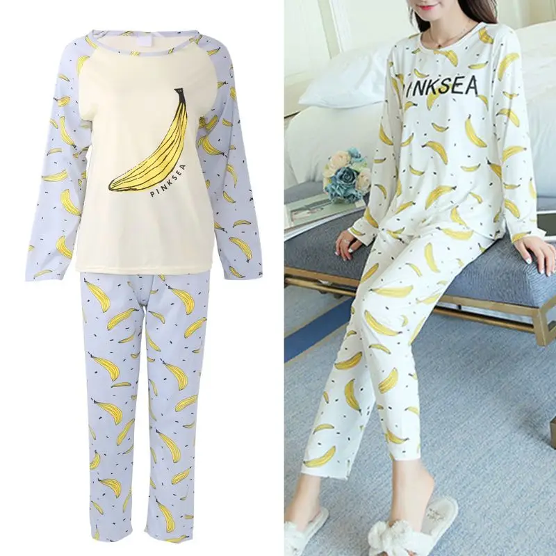 Женские пижамы с круглым вырезом с принтом банана пижамы для девочек комплект с длинным рукавом Осень N9_D