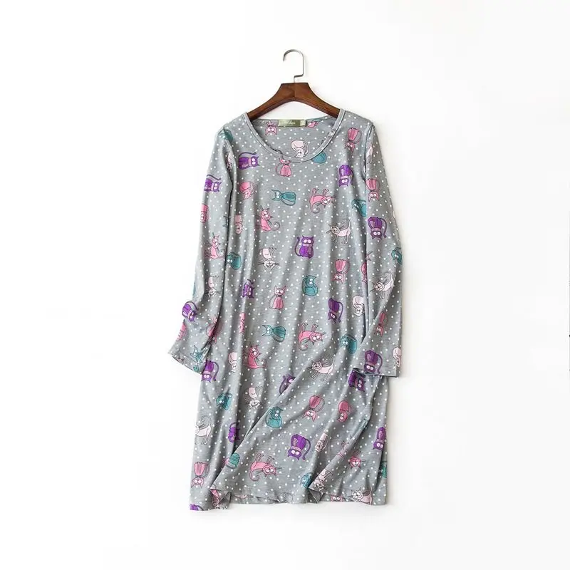 

2019 Autumn Female Casual Cartoon nighty dress Ladies 100% Cotton Nightgown Women Long Sleeve Round collar Plus size sleepshirts