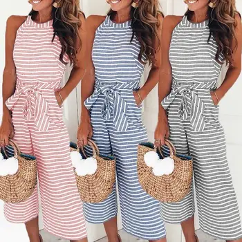 

Elegant Sexy Jumpsuits Women Sleeveless Striped Jumpsuit Loose Trousers Wide Leg Pants Rompers Holiday Belted Leotard Overalls