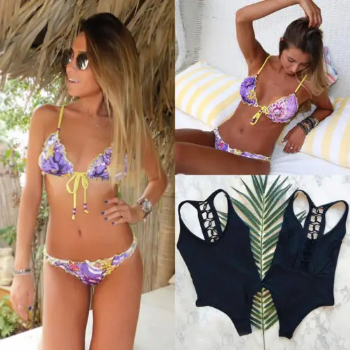 

Sexy Women Purple Floral Bikini Set Bathing Suit Bandage Push-Up Padded Monokini Swimwear Swimsuit Bathing Beachwear Brazilian